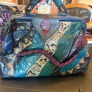 Vintage Samir: Patchwork Leather Satchel Bag in Black, Green, Teal & Burgundy